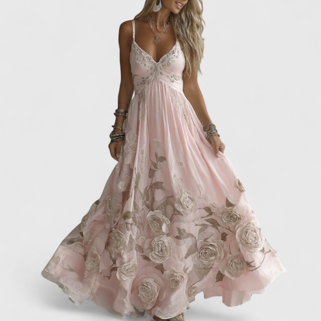 אדלין - שמלת ערב ארוכה עם ורדים וחרוזים